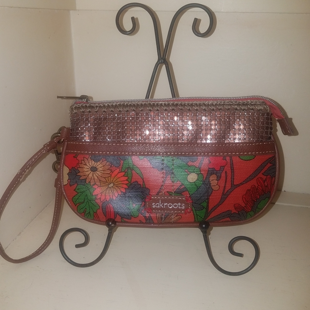 Sakroots Floral Artist Circle Small Zipper Wristlet Wallet Red Gold